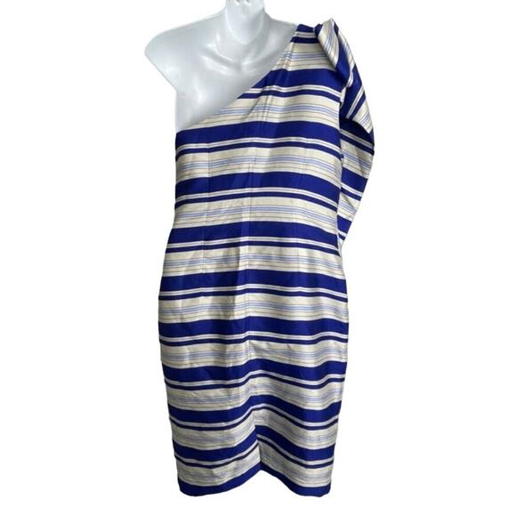 NWT Banana Republic One-Shoulder Bow Sheath Dress Womens Sz 10 Blue Ivory Stripe - Picture 7 of 11